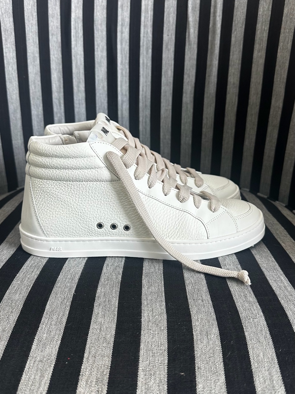 P448 Women’s White High-Top Sneakers with Taupe Laces - Picture 15 of 16